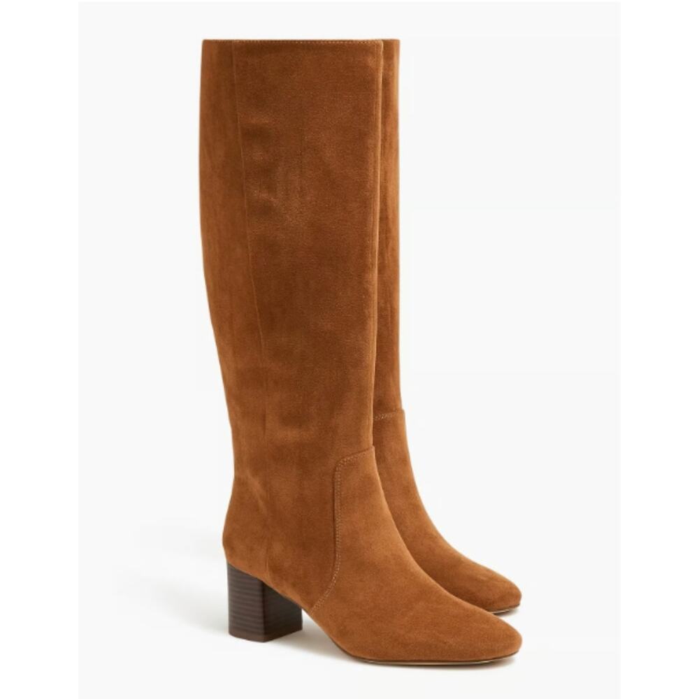 J. Crew Knee-High Heeled Tall Boots Warm Brandy Textile Upper 7 NWOB Faux Suede